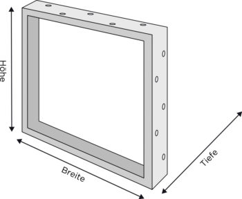 Schematische Darstellung eines Filterrahmens mit markierten Abmessungen für Höhe, Breite und Tiefe.
