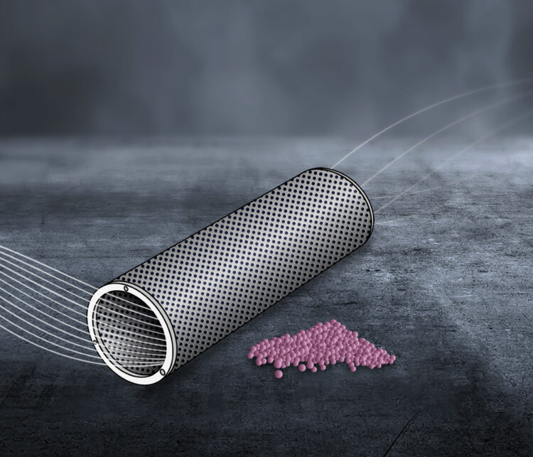 Zylindrische Aktivkohlepatrone aus gelochtem Metall, gefüllt mit Aktivkohlegranulat zur Filterung von Gasen und Gerüchen in Luftanlagen