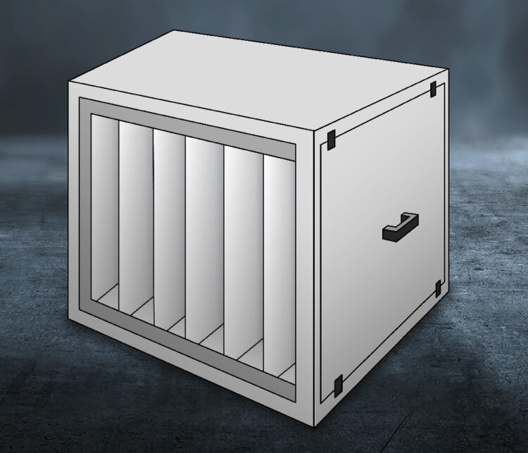 Rechteckiges Metallgehäuse mit seitlicher Tür und integriertem Filterblock zum Einbau in Lüftungsanlagen