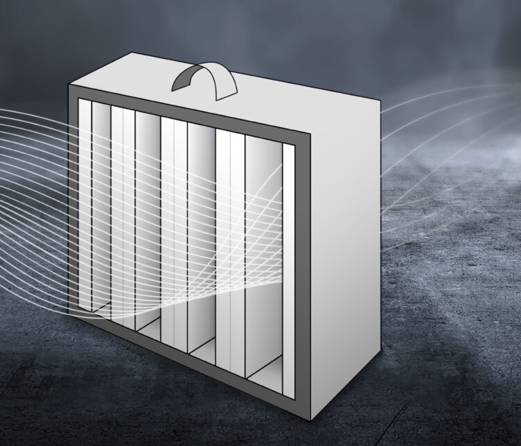 Schwebstofffilterzelle mit rechteckigem Gehäuse, Faltenfilter und Handgriff, zur Luftfiltration in Reinräumen und Klimaanlagen