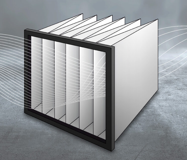 Taschenfilter mit rechteckigem Rahmen und mehreren parallelen grauen Filtertaschen