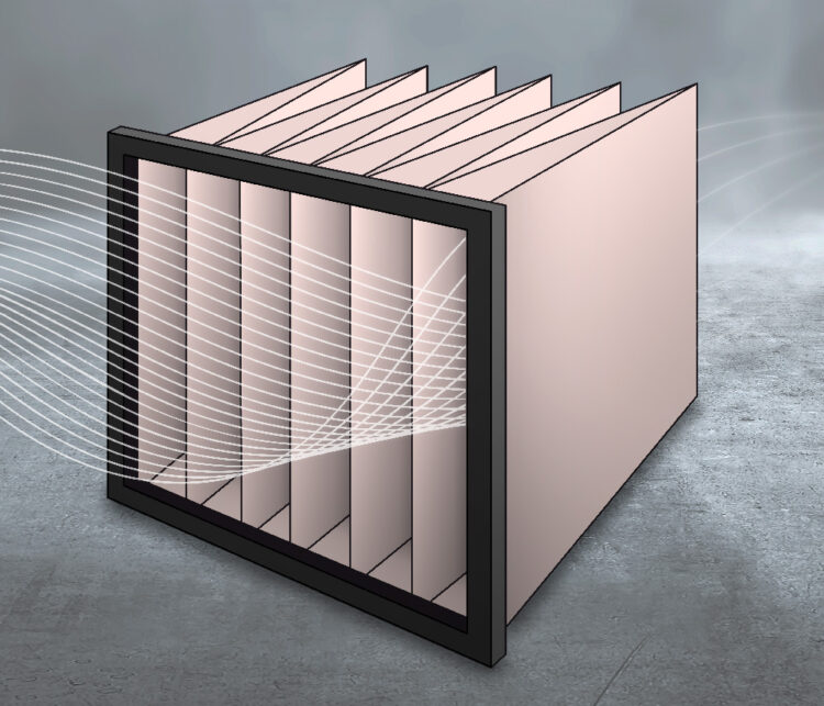 Taschenfilter mit rechteckigem Rahmen und mehreren parallelen rosafarbenen Filtertaschen